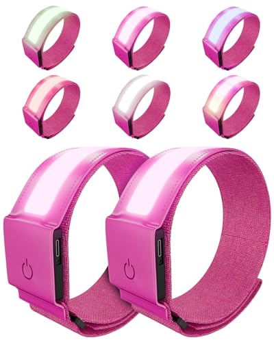 Topward LED Armband 2 Pack, Light up Reflective Arm Bands Glow Bracelets, Running Lights for Runners Dog Walking - 5 Colors 11 Light Modes - Adjustable Velcro - Rechargeable - color: Pink