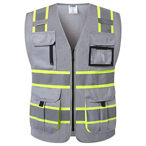 JKSafety 9 Pockets Hi-Vis Mesh Safety Vest for men and women | Chaleco reflectante de seguridad | Zipper Front | Multiple Pockets | Class 1 (140-Grey M) - color: Jk140-grey, size: Medium
