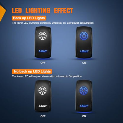 Nilight Light Rocker Switch Led Bar 5 Pin Laser On Off SPST Switches 20A/12V 10A/24V Blue with Jumper Wires Set for Cars Trucks Boats ATVs UTVs RVs - size: LIGHT