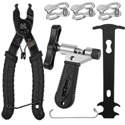 Bike Chain Repair Tools Set, Includes Bicycle Chain Breaker Tool, Master Link Plier, Wear Indicator and 3 Pairs Missing Links for 6-10 Speed Chains