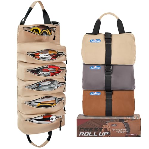 LETINE Crest Canvas Tool Bag - Large Capacity Portable Roll up Bag with Premium Rust-Proof Zippers, Reinforced Stitching - Compact Tool Organizer Gift for Dads, Mechanics, Electricians - color: Sleek White