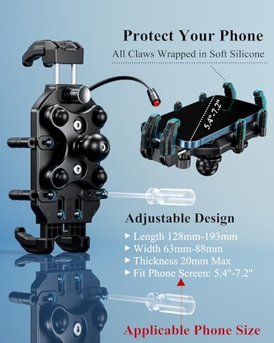 BRCOVAN Motorcycle Fork Stem Phone Mount with Wireless & USB-C Charger | Qi 15W & PD 36W, Anti-Theft Motorcycle Phone Holder with Vibration Dampener for 5.4''-7.2'' Cellphones