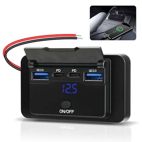 12V USB Outlet Panel 78W Wall Mount Power Outlet with Blue Voltmeter Dual 36W PD & Dual 18W QC3.0 Car USB Port Lightweight 12V USB Charger with ON/Off Switch - size: Pack of 1 with 4 Port / 78W