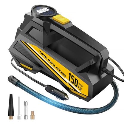 FLYKID Tire Inflator Portable Air Compressor- 12V DC Air Pump for Car Tires with 150PSI LCD Digital Gauge & Emergency LED Light,Auto Tire Pump for Cars,Motorcycles,Bikes,Balls (Yellow, Large)