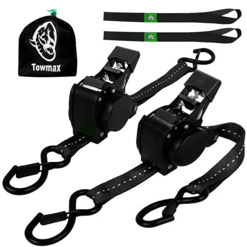 Retractable Ratchet Straps (Patented-2pack) - 1 inch x 10Feet (1,800lb Break Strength) Auto Self Retracting Tie Down Straps - Self Retractable Straps with Refletcive for Motorcyle, Truck or Cargo - color: Black, size: 2-Pack