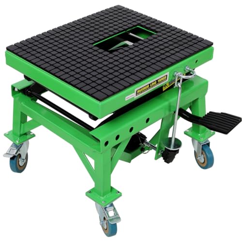 350 LBS Hydraulic Motorcycle Lift Jack, Foot-Operated Scissor Lift Stand with Locking Casters, J-Hook & Rubber Top Platform for Dirt Bikes, Motorcycles and ATVs