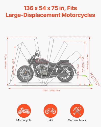 VEVOR Motorcycle Storage Shelter 136 x 54 x 75 in with Security Lock, 600D Oxford Flip-Up Garage Tent, Heavy-Duty All-Weather Motorcycle Cover Shed with 2 Side Windows, Outdoor Vehicle Shelter, Black - size: 136 x 54 x 75 inch