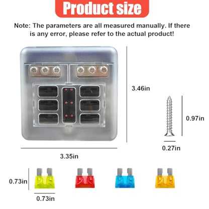 YoRise 12V 6 Way Fuse Block, Waterproof ATO/ATC Blade Fuse Panel with LED Warning Indicator & Damp-Proof Cover, Automotive Circuit Fuses Box Holder for 24V Car, Marine, RV, Truck, Golf Cart (Black)