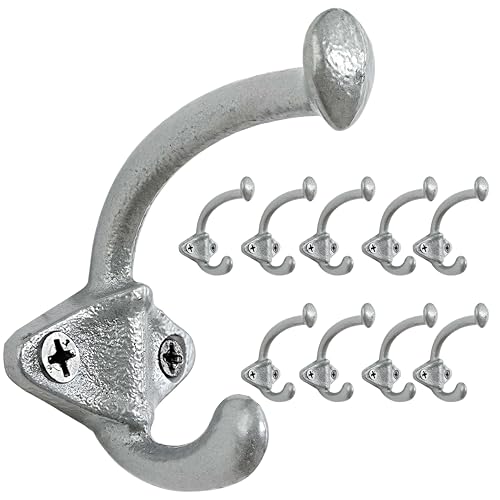 Dseap Cast Iron Wall Hooks, Heavy Duty Coat Hooks, Rustic Vintage Farmhouse Hook for Hanging Winter Coats Jackets Towels Hats Bags Plants, Silver, Pack of 10 (ShldCast) - color: Silver, size: L=3.25" (Pack of 10)