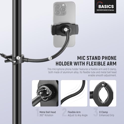 NEEWER BASICS Mic Stand Phone Holder with Flexible Arm, 360° Ball Head Boom Arm Microphone Floor Music Stand Cell Phone Mount Compatible with iPhone Android Samsung Video Recording, MS009 - style: MS009