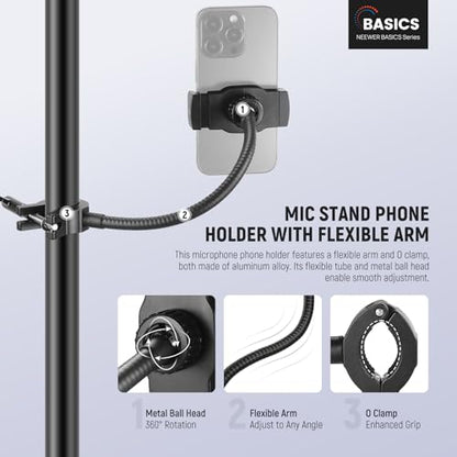NEEWER BASICS Mic Stand Phone Holder with Flexible Arm, 360° Ball Head Boom Arm Microphone Floor Music Stand Cell Phone Mount Compatible with iPhone Android Samsung Video Recording, MS009 - style: MS009