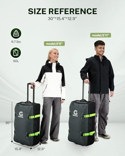 Gonex Rolling Duffle Bag with Wheels, Water-repellent 90L Nylon Large Wheeled Travel Duffel Luggage with TSA Lock & Telescopic Handle 30 inch, Dark Green - color: Dark Green, size: 30 inch
