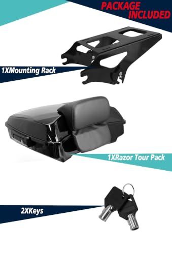 YHMOTO Razor Tour Luggage Trunk W/Backrest & Luggage Rack for Harley Touring Road King FLHR Street CVO Electra Glide 2014-2026 (Razor Tour Trunk with Backrest+Black Mounting Rack) - color: Black