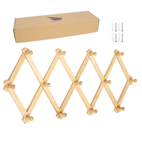 AMAPON Accordion Style Expandable Wall Wooden Coat Rack 13 Hooks (Pegs) Hang Hats Jackets Coffee Mug Purses Necklaces Towels Cap Leash Scarves Data Line Kitchenware (2 Packs) - color: Natural, size: 2 Pack