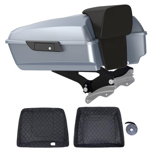 Motorcycle Chopped Tour Trunk Pack For 2009+ Harley Touring - Barracuda Silver Denim, Black Detachable Mounting Rack, Backrest & Black Trunk Liners - color: Barracuda Silver Denim, size: Chopped Tour Trunk Pack, Mount Rack & Black Liners