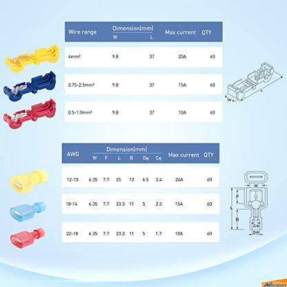 Nilight 360PCS T-Tap Wire Connectors Self-Stripping Quick Splice Electrical Terminals Insulated Male Disconnect Spade Assortment Kit with Storage Case - size: 360Pcs 22-10AWG