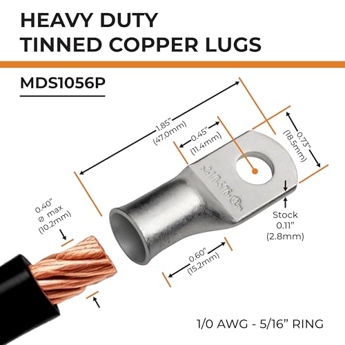 SELTERM 10pcs 1/0 AWG-5/16" Stud Tinned Copper Wire Lugs, Heavy Duty Battery Cable Ends,0 Gauge Ring Terminals, UL Battery Lugs Marine Grade Copper Eyelets Electrical Battery Terminal Connectors - color: Tinned Copper Lugs, size: 1/0 Awg - 5/16" (M8) Ring