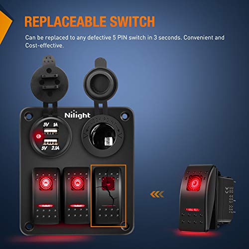 Nilight 6 Pack Rocker Switches with Night Glow Stickers 5 PIN SPST Red Backlit 12V/24V Toggle for Cars Trucks RVs Boats Auto Motorcycles - color: Red 6 PCS