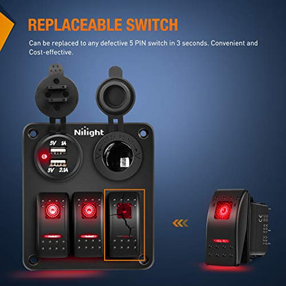 Nilight 6 Pack Rocker Switches with Night Glow Stickers 5 PIN SPST Red Backlit 12V/24V Toggle for Cars Trucks RVs Boats Auto Motorcycles - color: Red 6 PCS