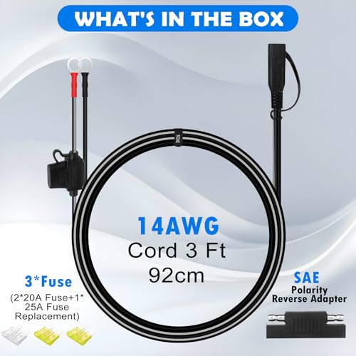 3FT 14AWG Ring Terminal to SAE Harness Quick Connect/Disconnect Assembly, 20A Fuse