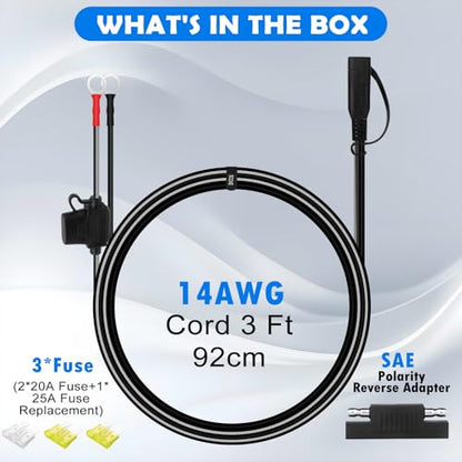 3FT 14AWG Ring Terminal to SAE Harness Quick Connect/Disconnect Assembly, 20A Fuse