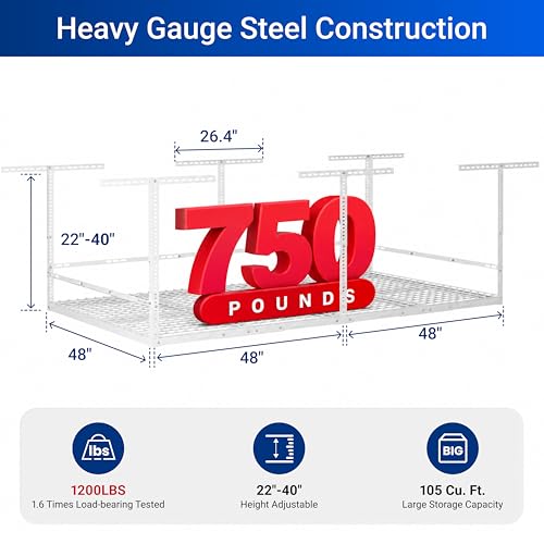 FLEXIMOUNTS 4x8ft Overhead Garage Storage Rack with Safety Rails, White | 750lbs Capacity, Adjustable 22-40" Height, 3-Sided Guard Rails, Heavy Duty Metal, Ceiling Storage System - color: White