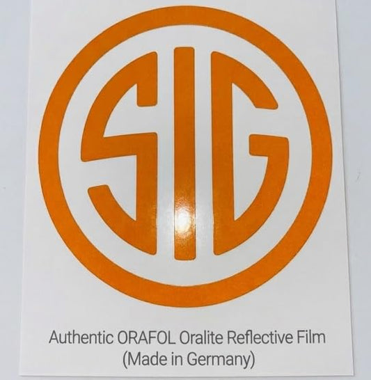 SIG Decal - (Orange_Reflective, 4 x 4 Inches) - Vinyl Car Bumper Sticker, Gun, Truck, Window, Motorcycle, Helmet, Bumper, Laptop - color: Orange_reflective, size: 4 x 4