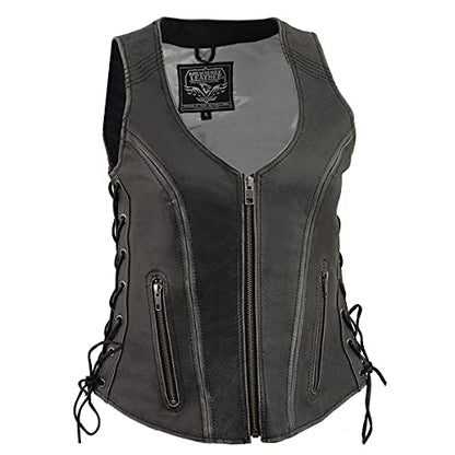Milwaukee Leather Women's V-Neck Distress Grey Premium Leather Motorcycle Rider Vest w/Side Laces MLL4531 - color: Distressed Grey, size: X-Small