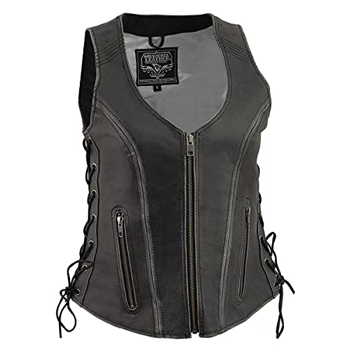 Milwaukee Leather Women's V-Neck Distress Grey Premium Leather Motorcycle Rider Vest w/Side Laces MLL4531 - color: Distressed Grey, size: X-Small