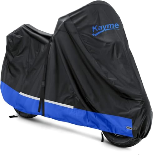 Kayme 300D Motorcycle Cover Waterproof Outdoor, Heavy Duty All Weather Rain UV Sun Protection Motorbike Tarp with Lock Hole, Fits Street Sport Naked Bikes, Size L (Up to 92" L) - color: Black-Blue, size: SIZE L- L92 x W42 x H49 inches