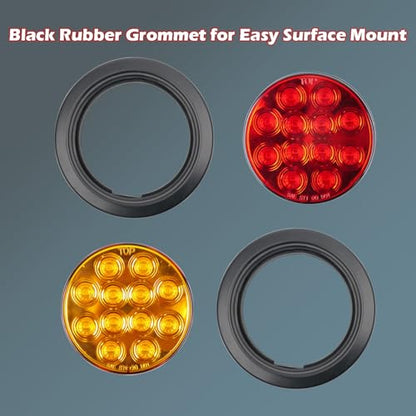 fouwick 4.2 Inch Round Red LED Trailer Tail Lights, 12-LED Waterproof IP65 Stop Turn Brake Light, 12V Flush Mount Trailer Lights LED Kit for Truck, Boat, RV, Marine (2 Pack) - color: 4 inch Round Red 12LED
