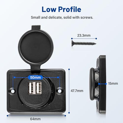 Anina 2pcs RV Dual USB Charger Socket with Cap 12V/24V Car Usb Outlet USB-A Port Panel Wall Surface Mount for Car RV Boat Marine Truck Automotive Motorcycle
