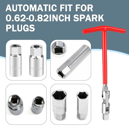 MLY 3 PCS Spark Plug Socket, T-Handle 5/8" (16mm) & 13/16" (21mm) Spark Plug Wrench Socket Set, Non-Slip Remover Installer Tool, Universal Fit for Motorcycles, Small Engines, Automotive Use (Red)