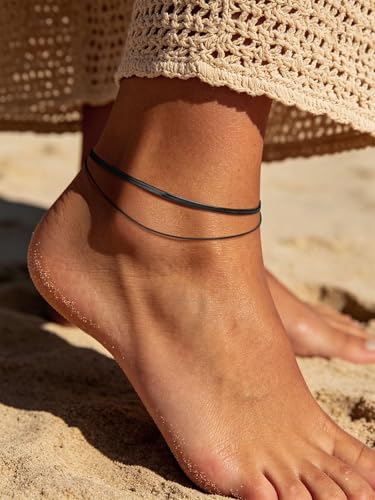 U7 Silver/Gold Ankle Bracelets for Women Layered Chain Anklets Stainless Steel Waterproof Summer Beach Anklet Cham, Adjustable 8.5"-10.5" - color: Black - Flat Snake Chain+Snake Chain