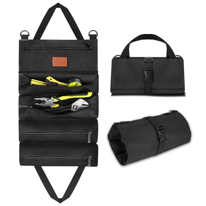 Roll up Tool Bag, Heavy Duty Portable Tool Organizer with Waterproof Oxford Cloth and Zipper Pouch, Rollable Carrying Storage for Mechanics Electricians and Repairmen, Black