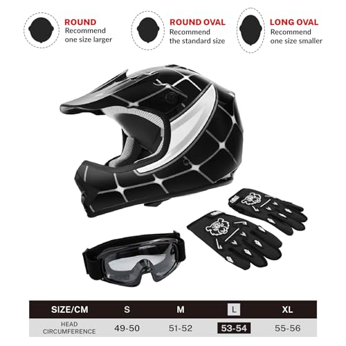 SLMOTO Youth Kids Motocross Offroad Street Helmet DOT Safety Youth Kids Helmet Dirt Bike Offroad Motorcycle Goggles Gloves - color: Black Spiders, size: Large