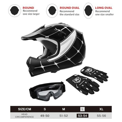 SLMOTO Youth Kids Motocross Offroad Street Helmet DOT Safety Youth Kids Helmet Dirt Bike Offroad Motorcycle Goggles Gloves - color: Black Spiders, size: Large