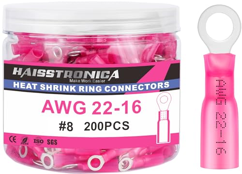 haisstronica 200PCS Heat Shrink Ring Terminals #8 Marine Grade Wire Connectors Red AWG 22-16 Gauge, Tinned Red Copper 0.7mm Resistant Ring Connectors, Brazed-Seam Insulated Electrical Crimp - color: Red, size: Ring 5/32"