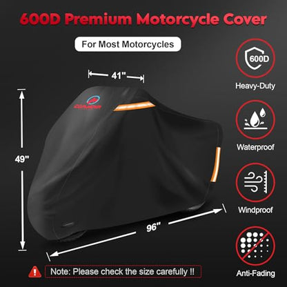 Comnova Motorcycle Cover 96 Inch - 600D Outdoor Motorbike Cover Waterproof with Lock Hole, Universal Fit for Harley, Honda, Kawasaki, Full Protection, Moped Covers for Motorcycle Vehicle Up to 96" - size: Basic - 96 Inch