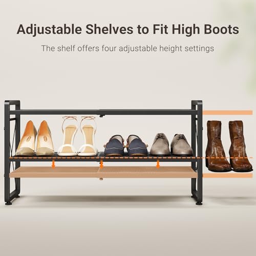 ELYKEN Shoe Rack, 2-Tier Expandable Shoe Organizer for Closet, Metal Black Shoe Shelf with 4 Hooks, Adjustable Shoe Stand Holder for Entryway, Garage, Door Entrance - size: 2-Tier