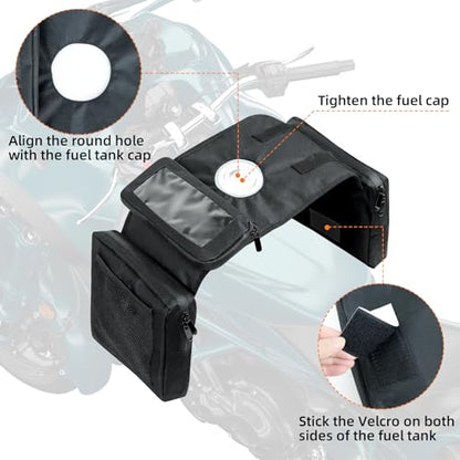 Universal ATV Tank Saddle Bag, Waterproof Motorcycle Fuel Tank Bag with Phone Pocket, Durable Synthetic Storage Bag Compatible with UTV Quad Bike Snowmobile, Black atv Saddle Bag