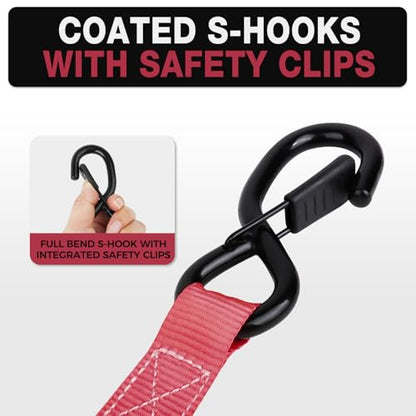 Heavy-Duty Retractable Ratchet Straps (4-Pack) – 1500 lb Break Strength Auto Self-Retracting Tie-Down Straps 1 inch x 12 Feet with Soft Loops, for Truck Motorcycle ATV Cargo Trailer - color: Red Retractable
