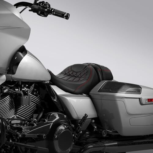 C.C. RIDER Low-Profile Rider&Passenger Seat Gel Seat Fit for Harley Touring 2023-2025 CVO Street Glide FLHXSE CVO Road Glide FLTRXSE 2024-2025 Street Glide FLHX Road Glide FLTRX FLTRXSTSE - size: 06# Gel Black+ Red Stitchs
