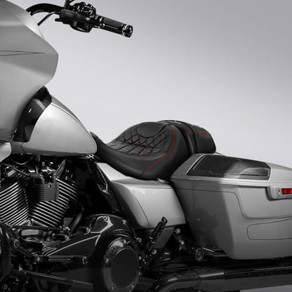 C.C. RIDER Low-Profile Rider&Passenger Seat Gel Seat Fit for Harley Touring 2023-2025 CVO Street Glide FLHXSE CVO Road Glide FLTRXSE 2024-2025 Street Glide FLHX Road Glide FLTRX FLTRXSTSE - size: 06# Gel Black+ Red Stitchs