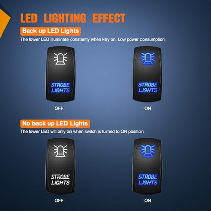 Nilight Strobe Lights Rocker Switch Led Light Bar 5 Pin Laser On Off SPST Switches 20A/12V 10A/24V Blue with Jumper Wires Set for Cars Trucks Boats ATVs UTVs RVs - size: STROBE LIGHTS