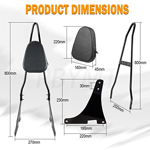 PBYMT Black Detachable Passenger Sissy Bar Backrest Pad Compatible for Harley Davidson Sportster XL1200 XL883 2004-2024