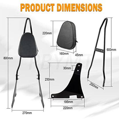 PBYMT Black Detachable Passenger Sissy Bar Backrest Pad Compatible for Harley Davidson Sportster XL1200 XL883 2004-2024