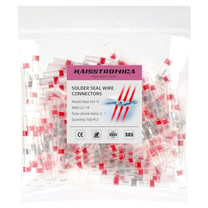 haisstronica 100PCS Solder Seal Wire Connectors,Waterproof Heat Shrink Butt Connectors Terminals for Watercraft,Electrical,Electronics AWG 22-18 Red - size: AWG 22-18 Red