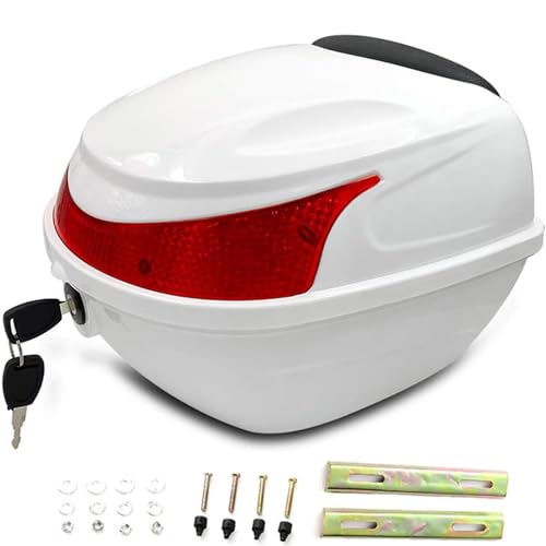 25L Motorcycle Tour Tail Box Scooter Top Case Trunk Luggage Box Lockable Storage Plastic Case with Mounting Hardware and Universal Mounting, Waterproof Motorcycle Top Box,White - color: White