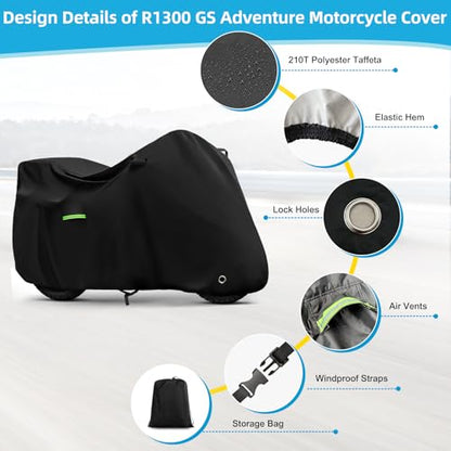 Motorcycle Cover Waterproof for BMW R1300GS/R1250GS/F900GS/Adventure with Trunk Model, Heavy Duty Outdoor Sun Rain UV Dust All Weather Protection Motorbike Cover with Soft Cotton Lining & Lock Hole - size: R1300GS Adventure with Trunk